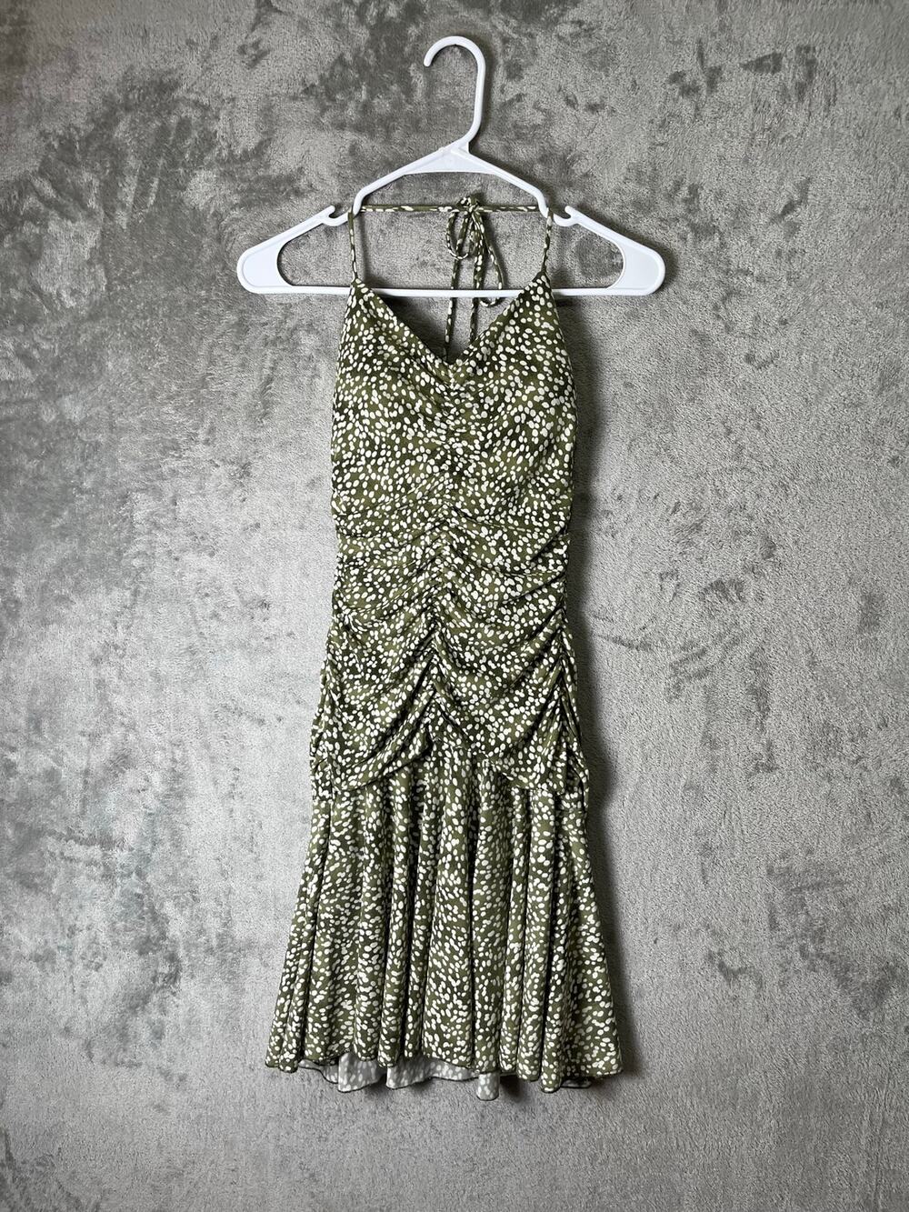 Vintage Y2K Olive Green‎ Ruched Halter Midi Dress Polka Dot Slip Dress Small